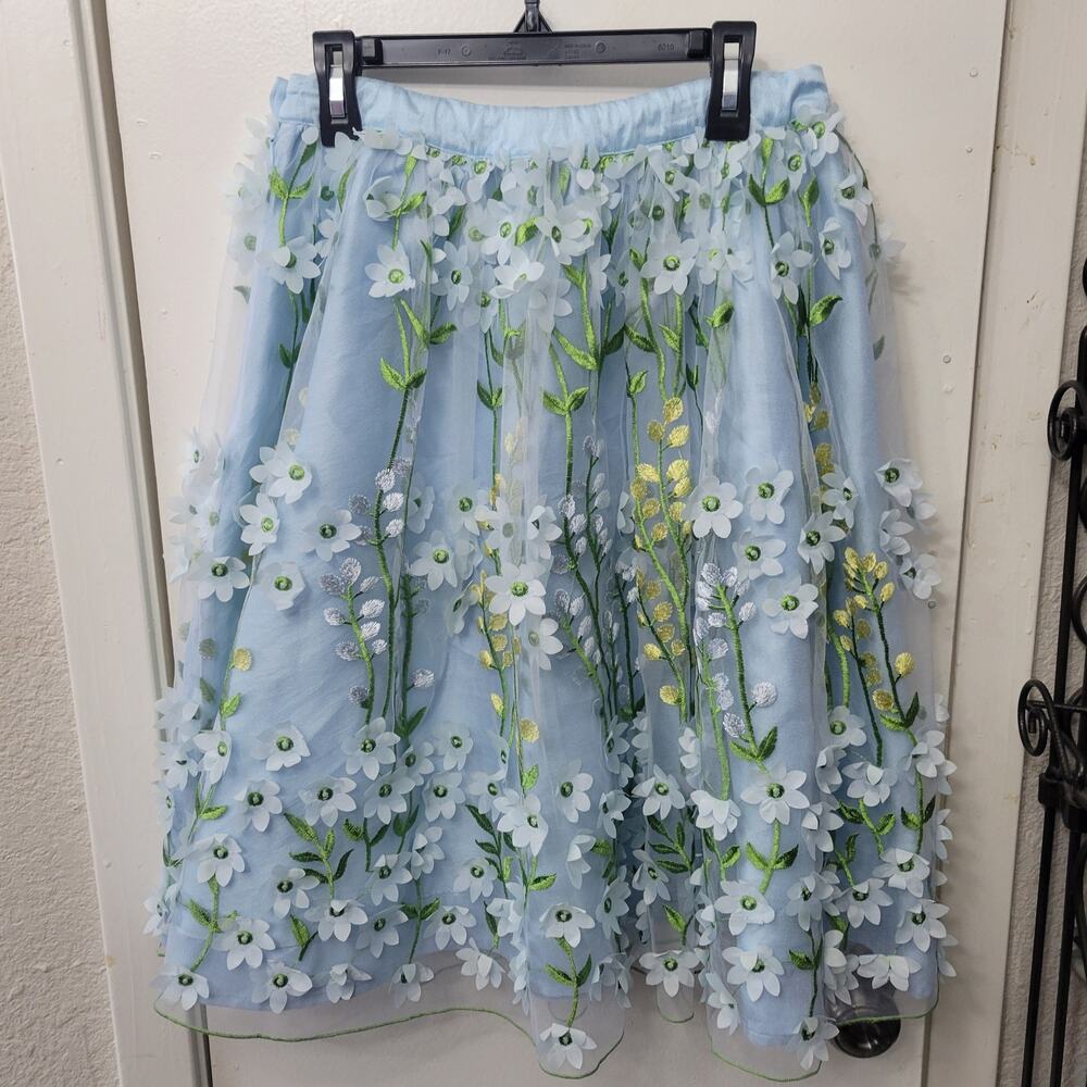 Val Max Blue Embroidered Floral Flower Tulle Skirt Made in Italy Girls 16y